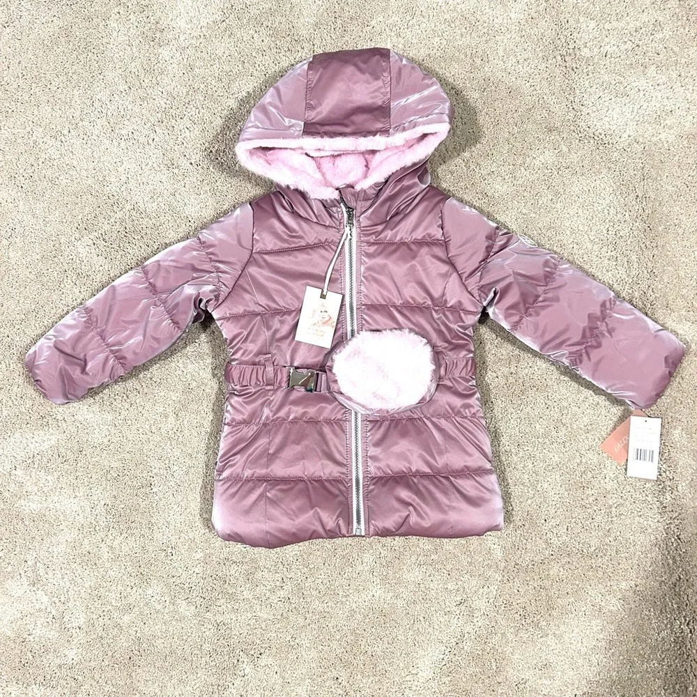 NWT Jessica Simpson Girls Mauve Puffer Jacket Coat w/ Coin Purse Belt Sz. 4T New - Picture 1 of 10